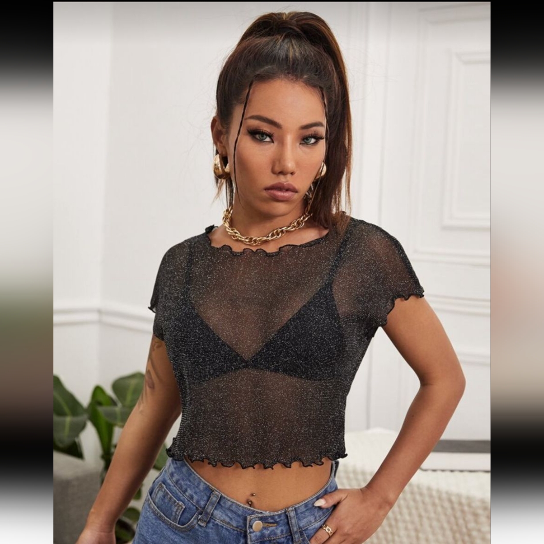 Women's Short-Sleeved T-Shirt With A Mock Turtleneck And Shiny Mesh Fabric.